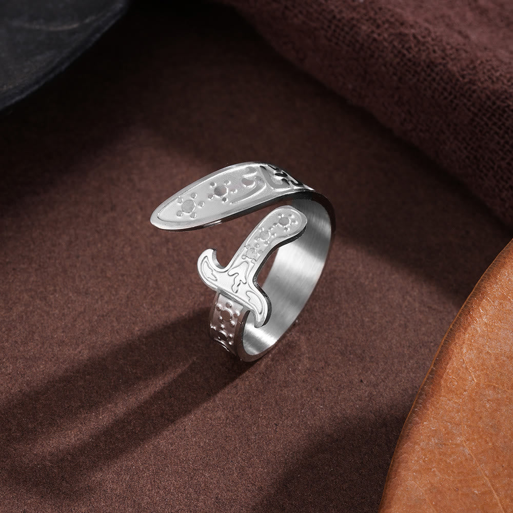 HilalHaven Vine Guard Zulfiqar Sword Asymmetrical Carved Blade Open Ring — Embossed Floral Pattern Polished Stainless Steel Daily Wear Ring - Silver - image 2