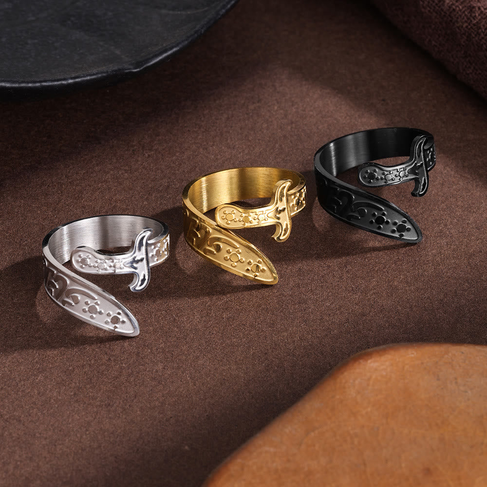 HilalHaven Vine Guard Zulfiqar Sword Asymmetrical Carved Blade Open Ring — Embossed Floral Pattern Polished Stainless Steel Daily Wear Ring - image 0