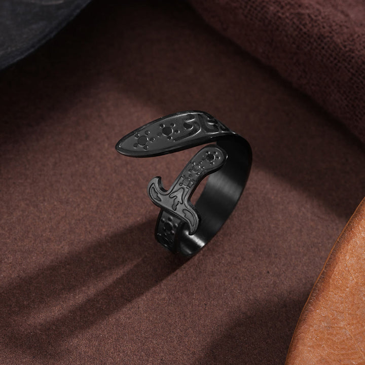 HilalHaven Vine Guard Zulfiqar Sword Asymmetrical Carved Blade Open Ring — Embossed Floral Pattern Polished Stainless Steel Daily Wear Ring - Black - image 3