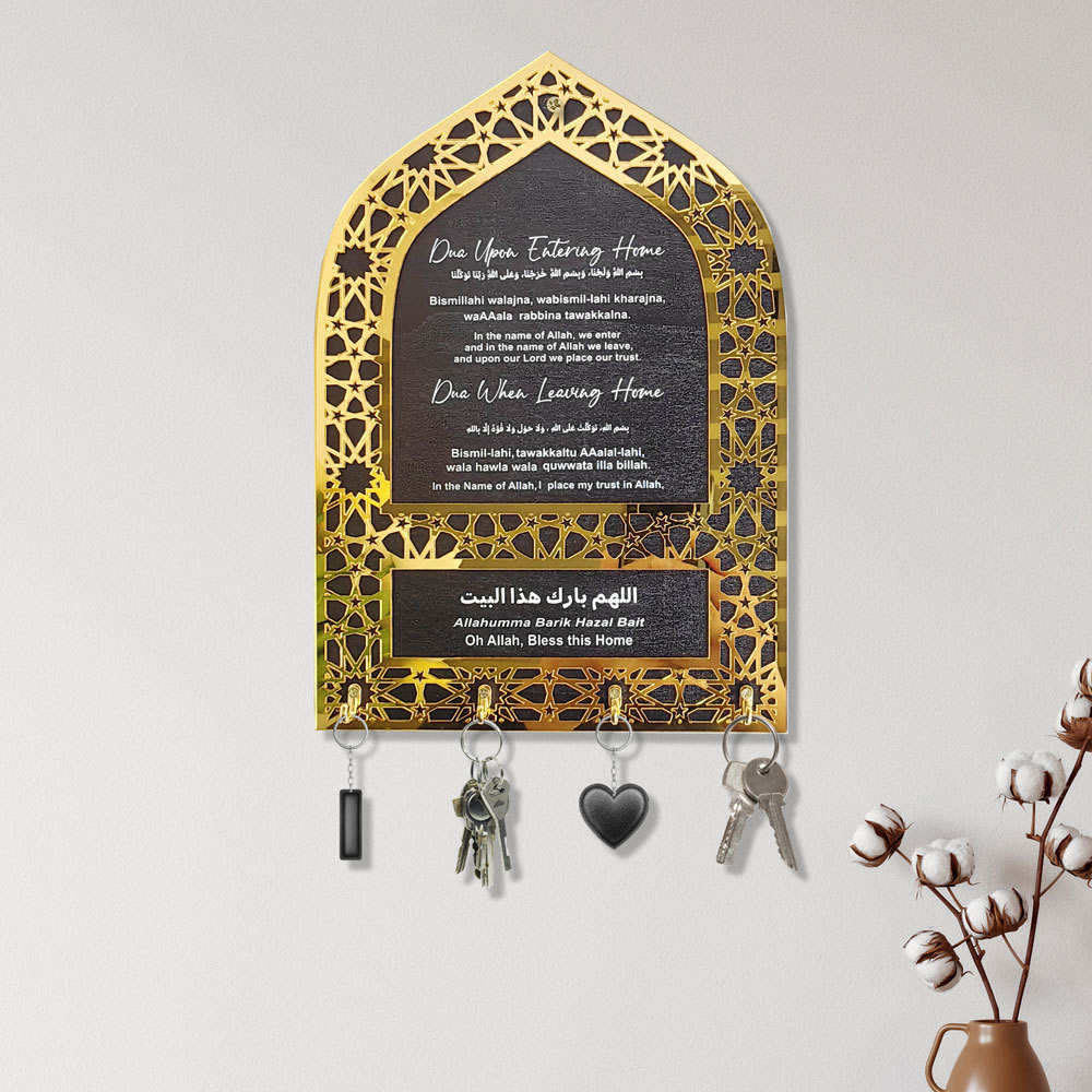 HilalHaven Hearth Haven Arched Geometric Script Key Holder — Openwork Frame Timber Entryway Wall Decor - Black - image 5