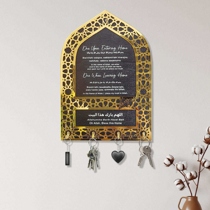 HilalHaven Hearth Haven Arched Geometric Script Key Holder — Openwork Frame Timber Entryway Wall Decor - Black - image 5