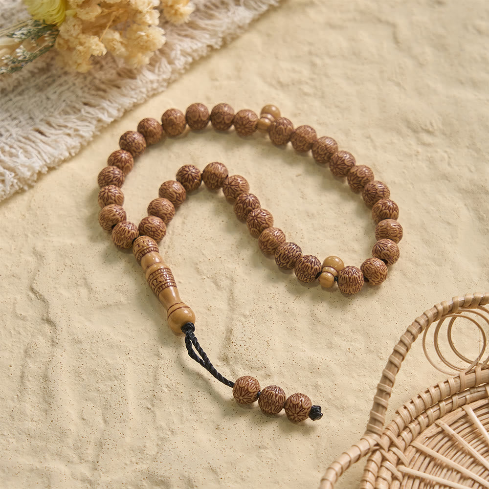 HilalHaven Timber Serenade Textured Carved 33 Beads Tasbih — Artisan-Crafted Natural Wood Pocket Prayer Strand - Light Brown - image 0