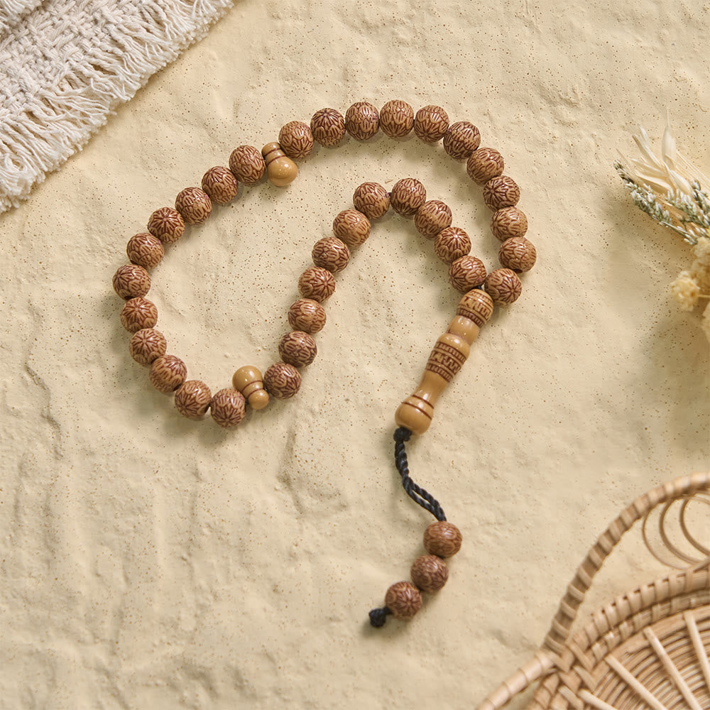 HilalHaven Timber Serenade Textured Carved 33 Beads Tasbih — Artisan-Crafted Natural Wood Pocket Prayer Strand - image 2