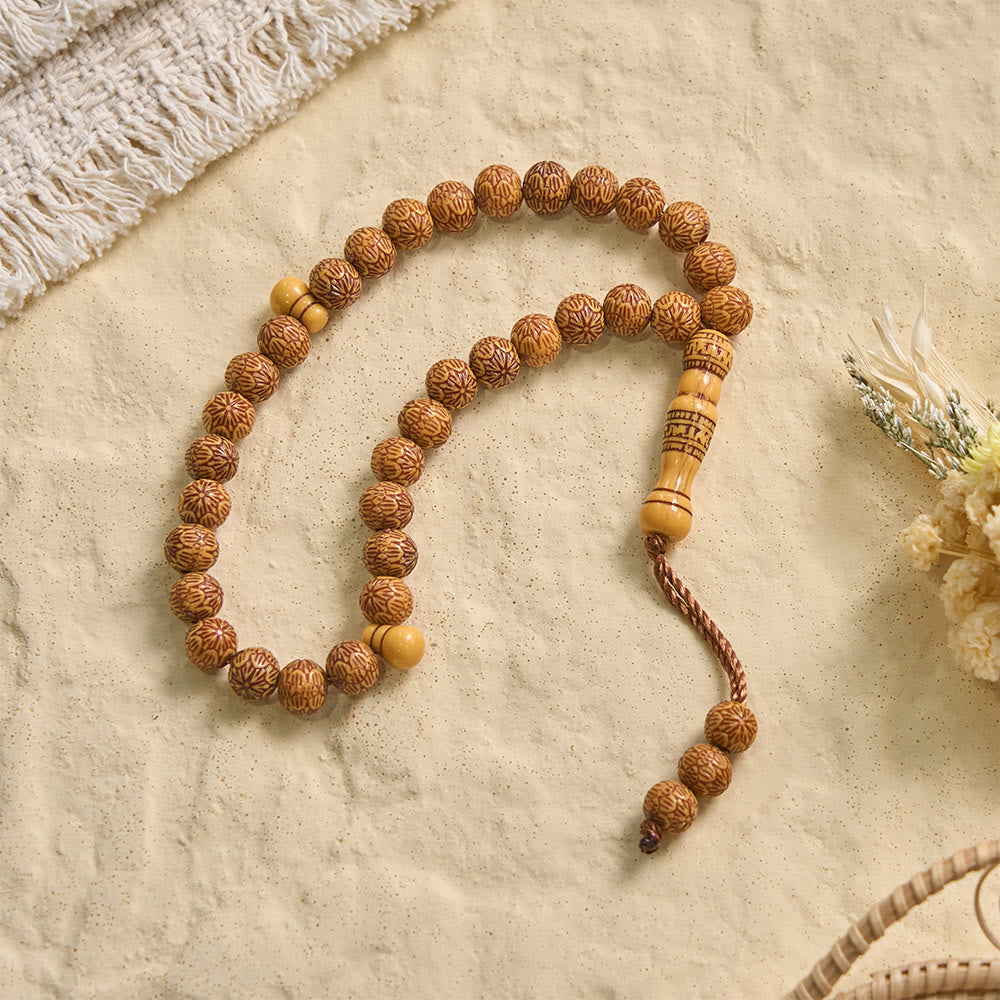 HilalHaven Timber Serenade Textured Carved 33 Beads Tasbih — Artisan-Crafted Natural Wood Pocket Prayer Strand - image 5