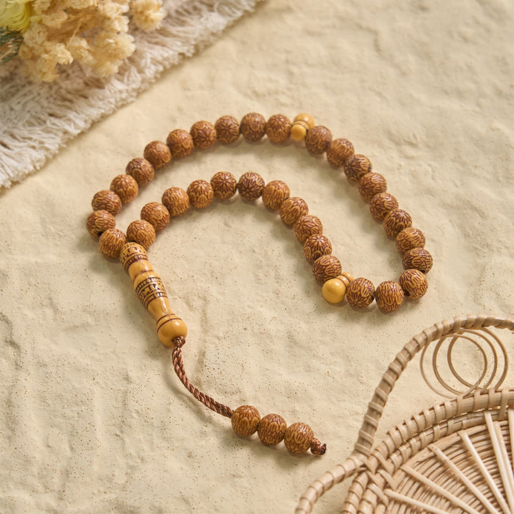 HilalHaven Timber Serenade Textured Carved 33 Beads Tasbih — Artisan-Crafted Natural Wood Pocket Prayer Strand - Khaki - image 4