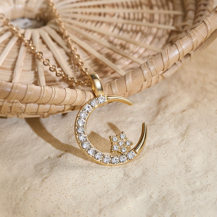 HilalHaven Night Serenity Crescent Star Pendant — Inlaid Rhinestone Gloss Electroplated Zinc Alloy Unisex Charm - Golden - image 0