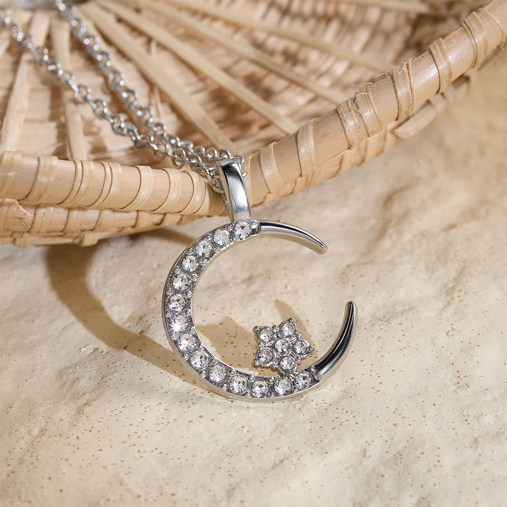 FREE Today: Night Serenity Crescent Star Necklace — Inlaid Rhinestone Gloss Electroplated Zinc Alloy Unisex Charm - Silver - image 4
