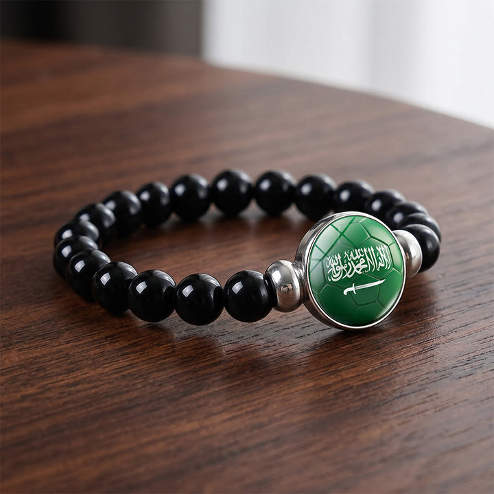 HilalHaven Desert Kick Heritage Crest Beaded Bracelet — Hand-strung Black Glass Bead Unisex Fan Wristband - image 2