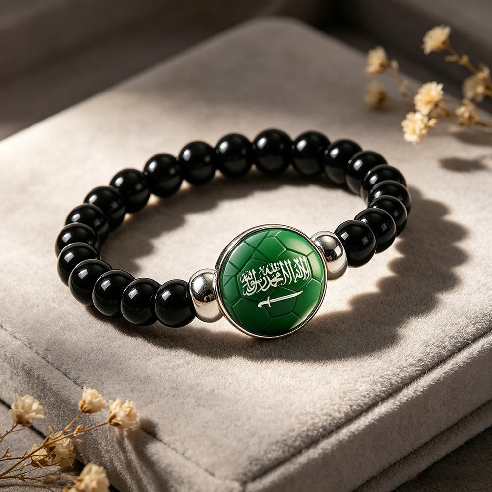 HilalHaven Desert Kick Heritage Crest Beaded Bracelet — Hand-strung Black Glass Bead Unisex Fan Wristband - image 1