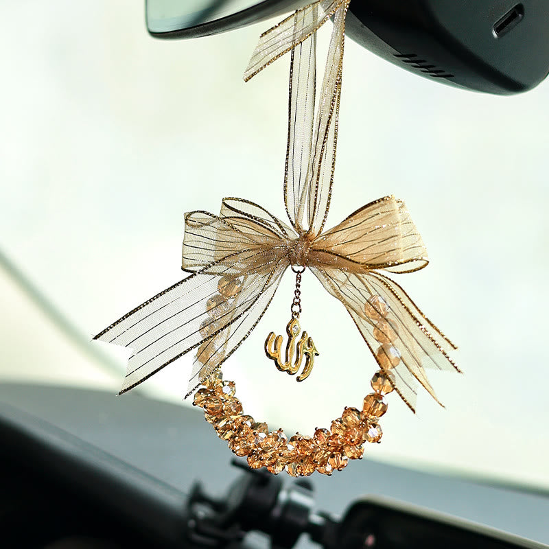 HilalHaven Traveler's Halo Allah Crystal Ribbon Car Charm — Luxe Bow & Gemstone Rearview Mirror Ornament - Golden - image 1