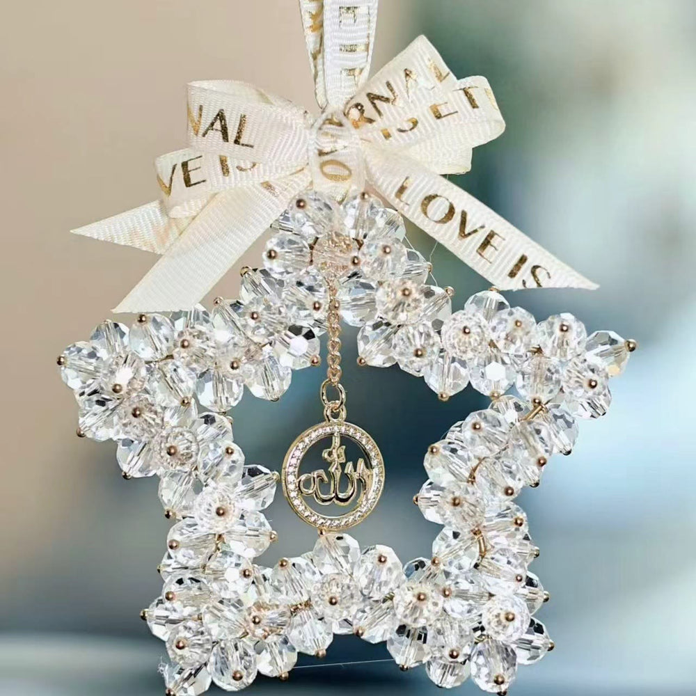 HilalHaven Starlight Journey Allah Crystal Star Car Charm — Bow-tied Gemstone Rearview Mirror Ornament - White - image 1