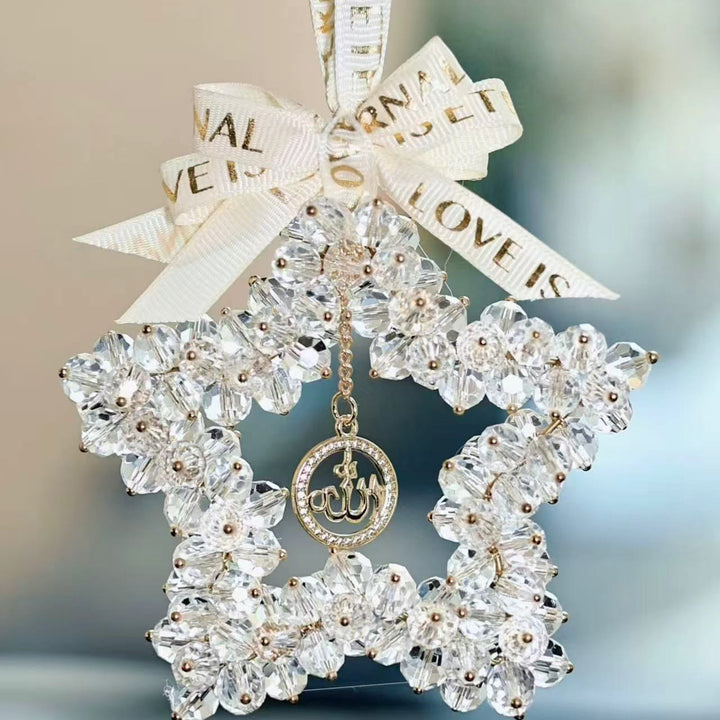 HilalHaven Starlight Journey Allah Crystal Star Car Charm — Bow-tied Gemstone Rearview Mirror Ornament - White - image 1