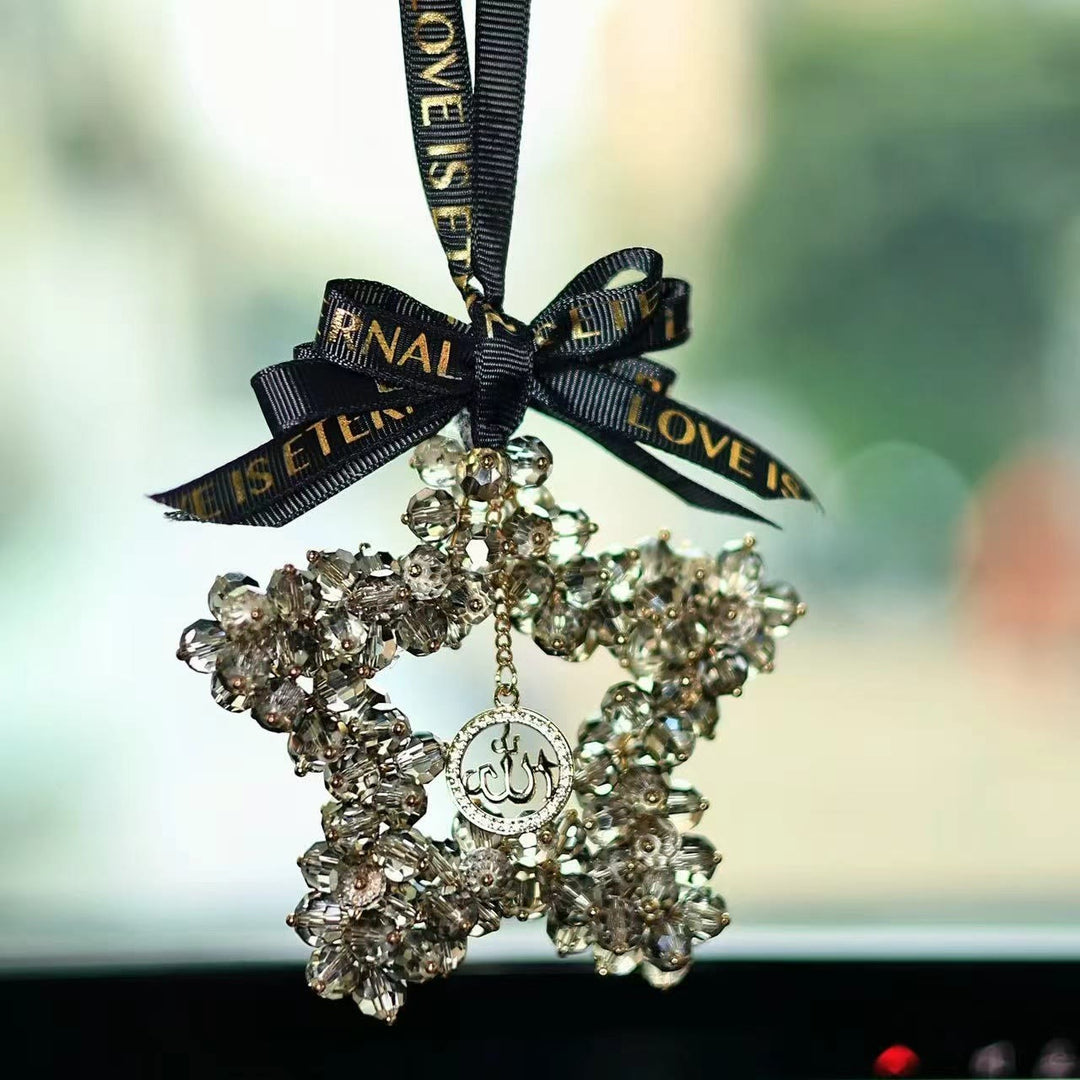 HilalHaven Starlight Journey Allah Crystal Star Car Charm — Bow-tied Gemstone Rearview Mirror Ornament - Black - image 4