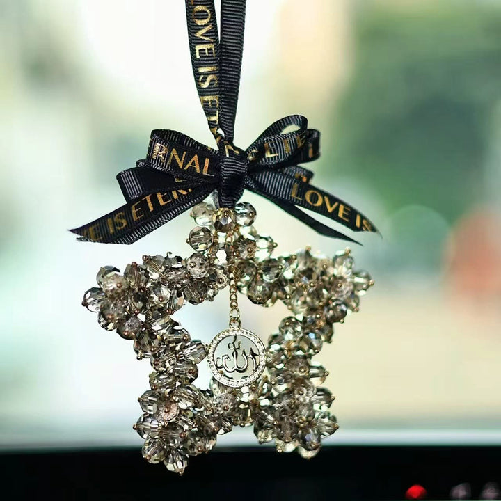 HilalHaven Starlight Journey Allah Crystal Star Car Charm — Bow-tied Gemstone Rearview Mirror Ornament - Black - image 4