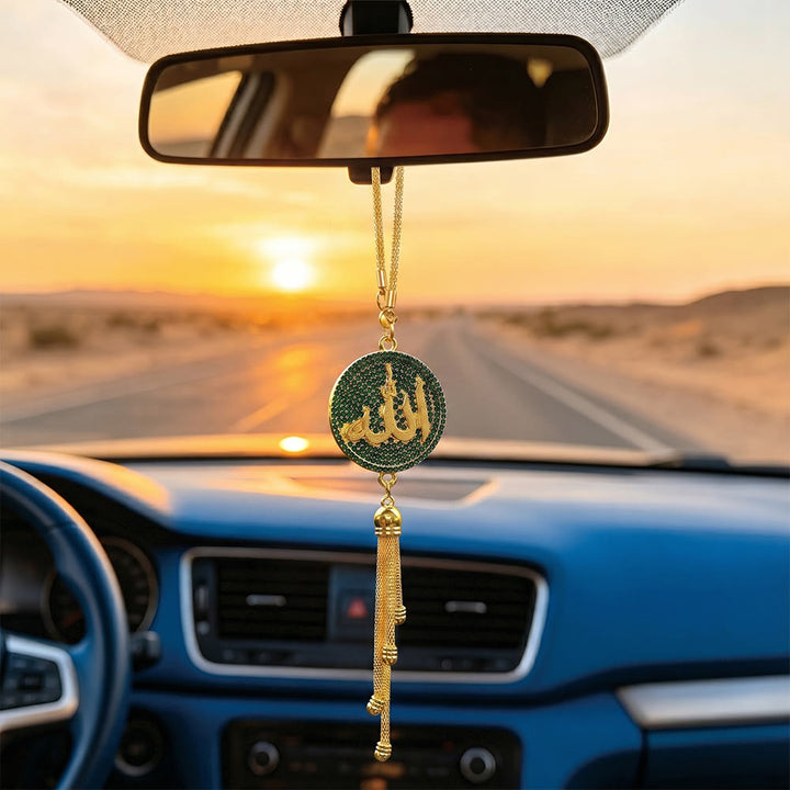 HilalHaven Virtue Glow Tasseled Crystal Allah Car Charm  - Dark Green - image 2