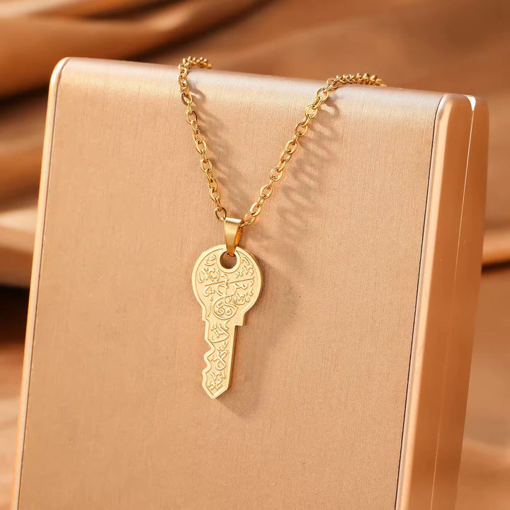 HilalHaven Guiding Key Ayatul Kursi Engraved Pendant Necklace - Golden Key - image 0