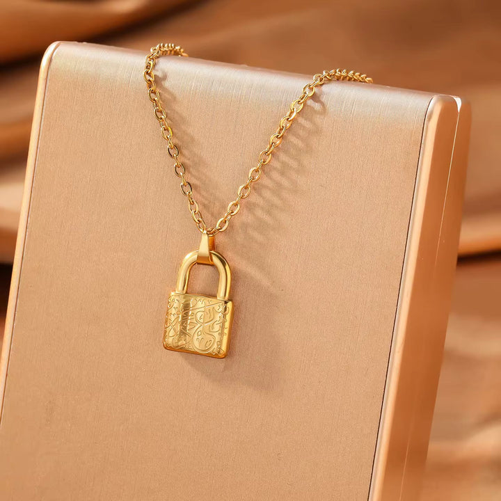 HilalHaven Bonded Script Ayatul Kursi Engraved Padlock Pendant Necklace - Golden Padlock - image 0