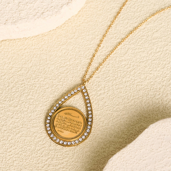 HilalHaven Glimmered Drop Ayatul Kursi Verse Teardrop Inlaid Pendant Necklace - Golden Teardrop - image 3