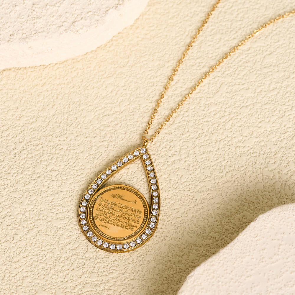 HilalHaven Glimmered Drop Ayatul Kursi Verse Teardrop Inlaid Pendant Necklace - Golden Teardrop - image 3