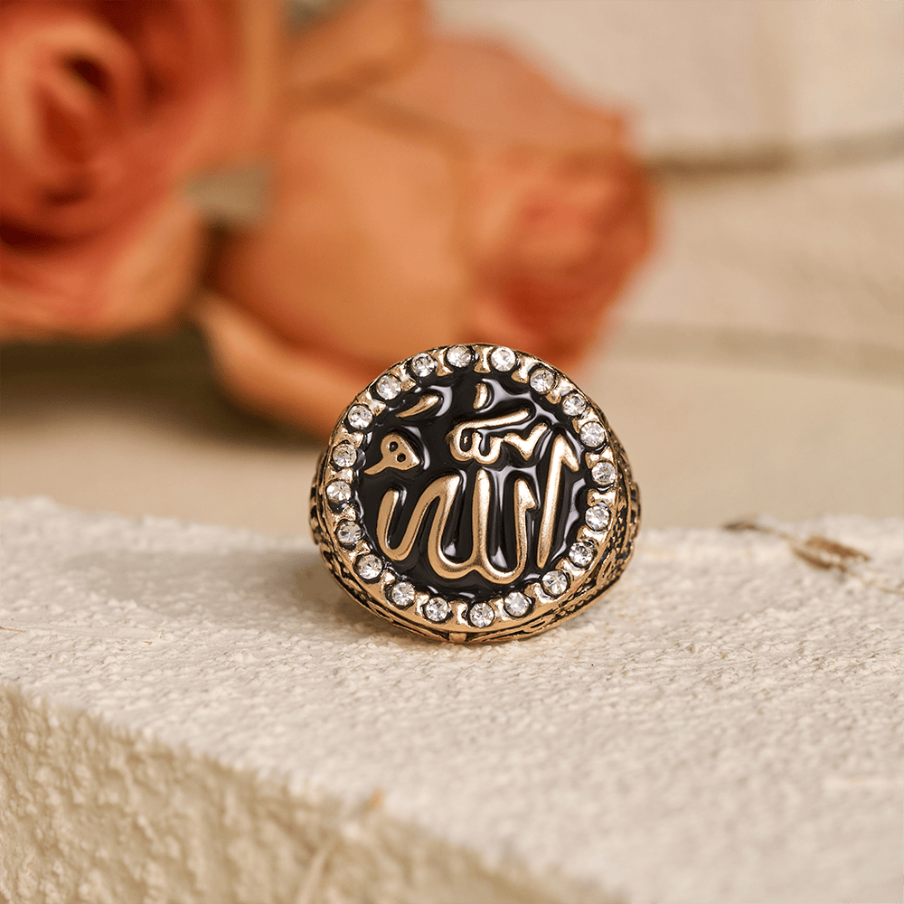 HilalHaven Luminous Round Epithet Allah Gem Framed Signet Ring - Rose Golden - image 7