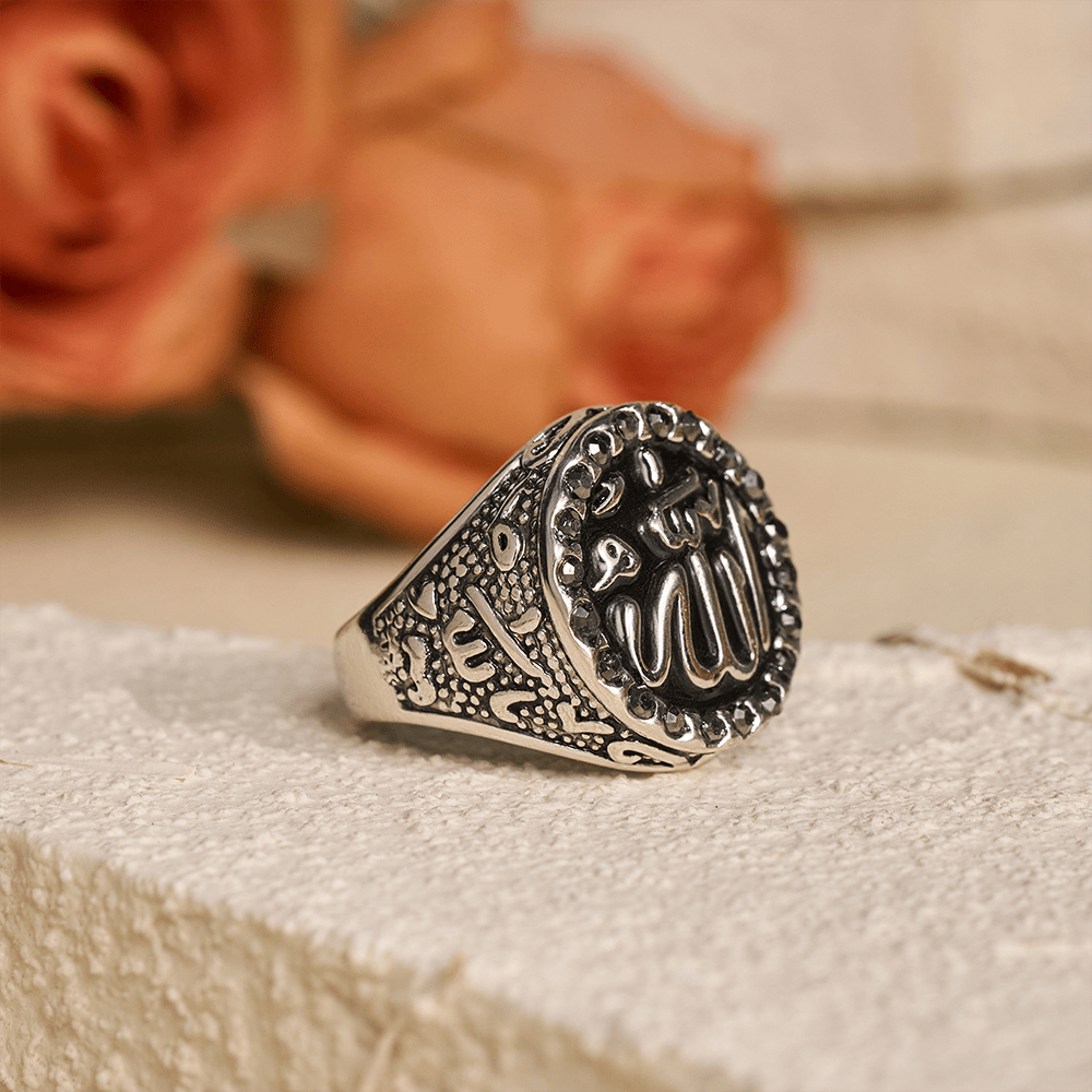 HilalHaven Luminous Round Epithet Allah Gem Framed Signet Ring - image 4