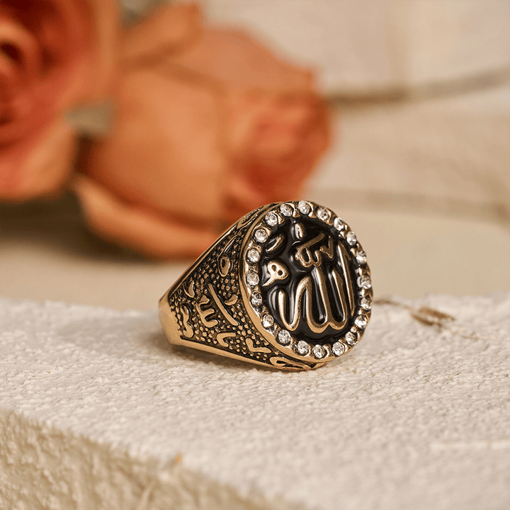 HilalHaven Luminous Round Epithet Allah Gem Framed Signet Ring - image 10