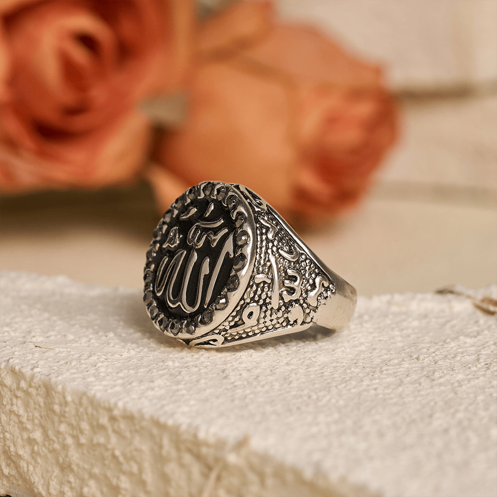 HilalHaven Luminous Round Epithet Allah Gem Framed Signet Ring - image 3
