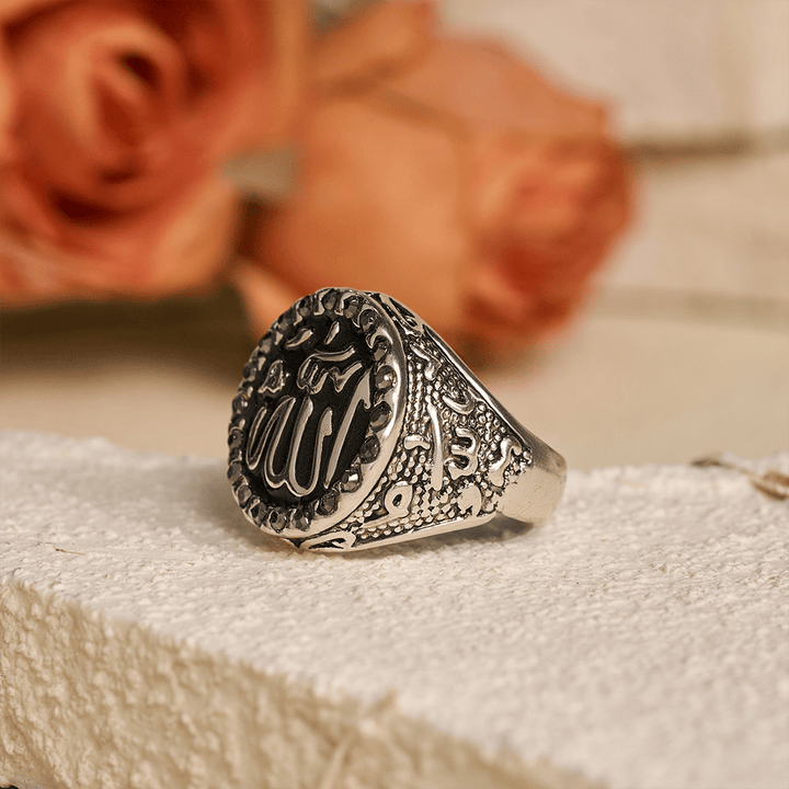 HilalHaven Luminous Round Epithet Allah Gem Framed Signet Ring - image 3