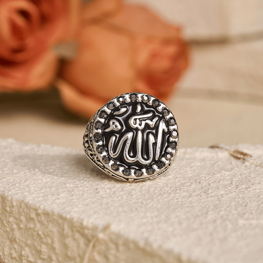 HilalHaven Luminous Round Epithet Allah Gem Framed Signet Ring - Black - image 1