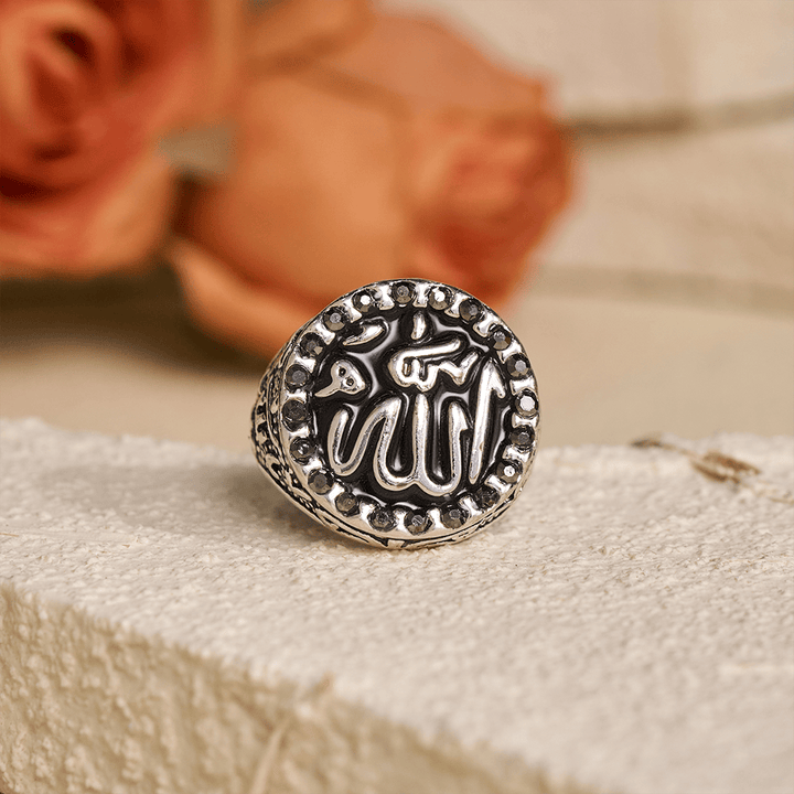 HilalHaven Luminous Round Epithet Allah Gem Framed Signet Ring - Black - image 1