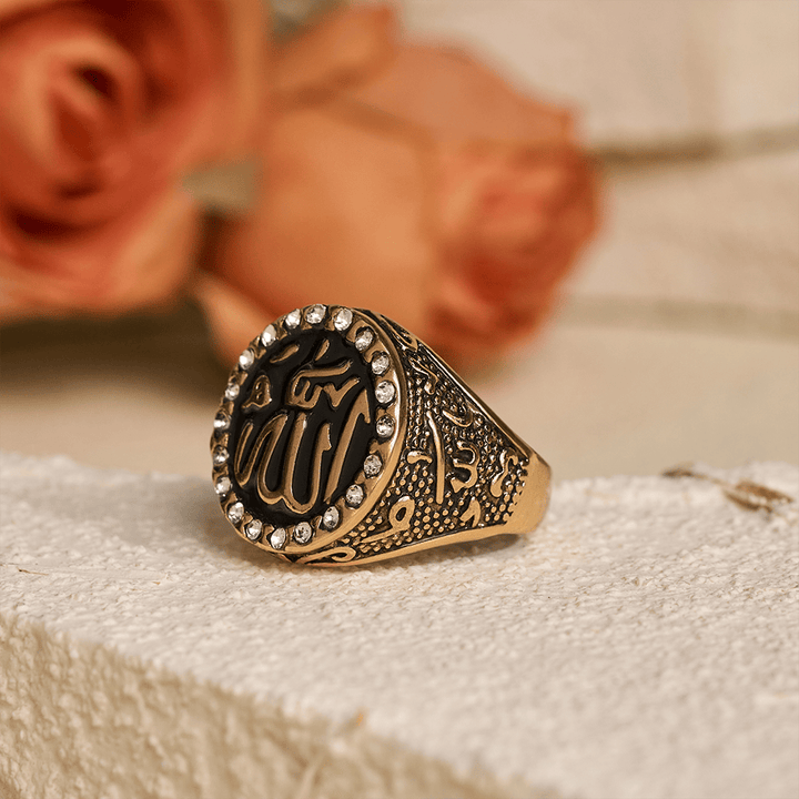 HilalHaven Luminous Round Epithet Allah Gem Framed Signet Ring - image 9