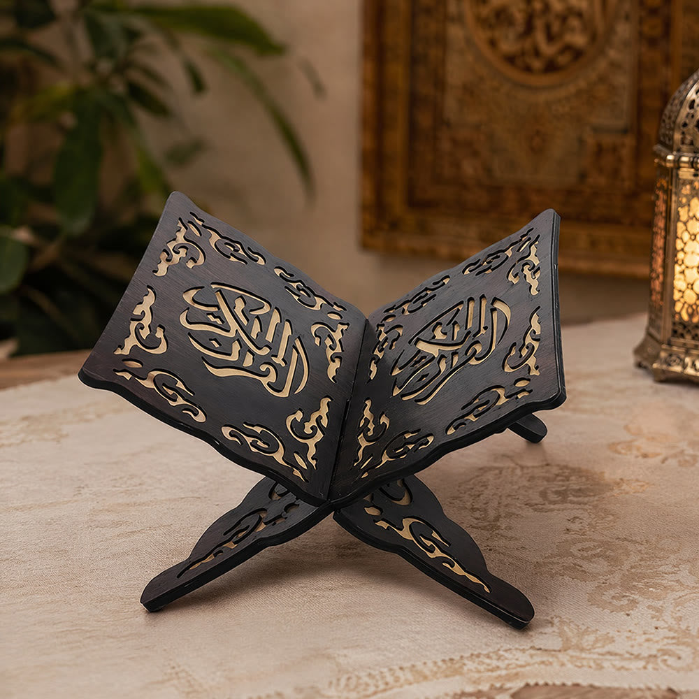 HilalHaven Ornate Page Carving Openwork Foldable Quran Rehal - Black - image 2