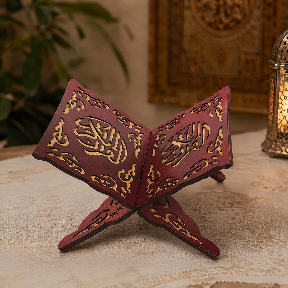 HilalHaven Ornate Page Carving Openwork Foldable Quran Rehal - Red - image 3