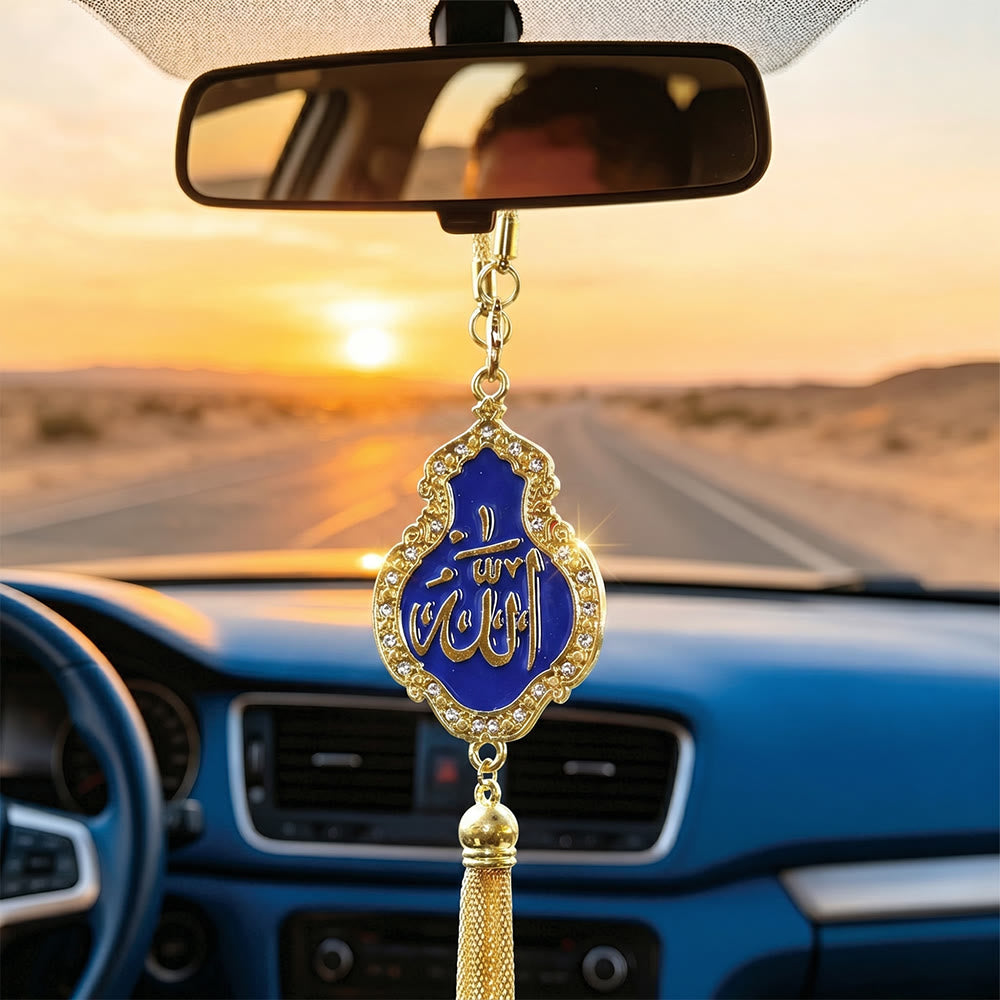 HilalHaven Adorned Contour Sacred Stroke Gem Border Tassel Alloy Car Pendant - Blue - image 0