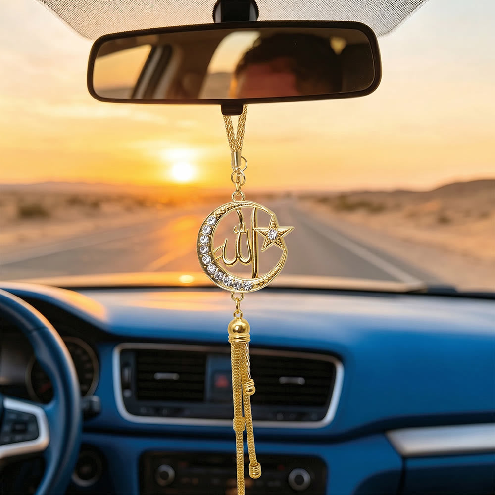 HilalHaven Celestial Hollow Inscribe Openwork Crescent Star Tassel Car Pendant - Golden - image 0