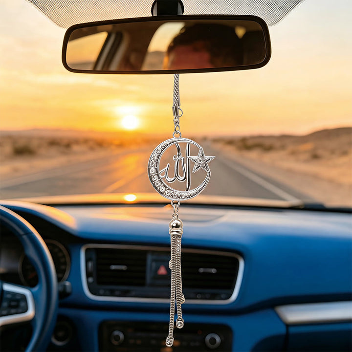 HilalHaven Celestial Hollow Inscribe Openwork Crescent Star Tassel Car Pendant - Silver - image 2