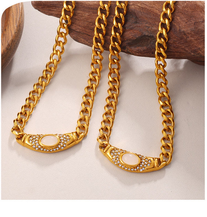 HilalHaven Curved Contour Framed Gem Pavé Setting Curb Chain Necklace - White - image 4