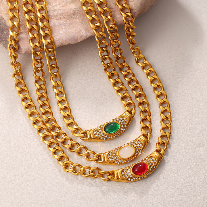 HilalHaven Curved Contour Framed Gem Pavé Setting Curb Chain Necklace - image 0