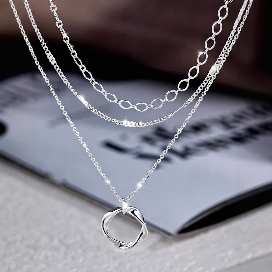 HilalHaven Swirl Circular Equilibrium Multi-Strand Stacked Hollow Loop Pendant Necklace  - Silver - image 1