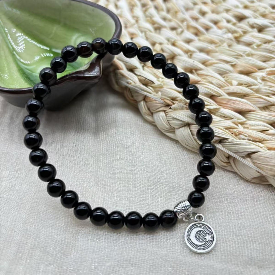 HilalHaven Prismatic Circular Cadence Agate Meditation Bracelet— Handcrafted Symmetrical Ornamental 33-Bead Bracelet - Black - image 3