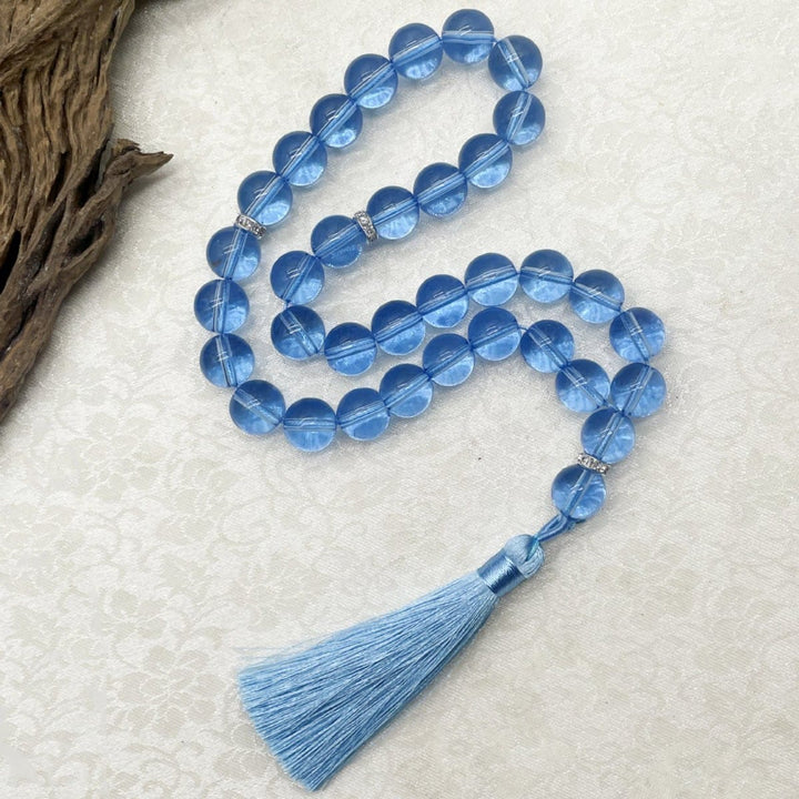 HilalHaven Flowing Cyclic Equilibrium Artisan Gloss Glass Tassel 33 Beads Tasbih - Sky Blue - image 0