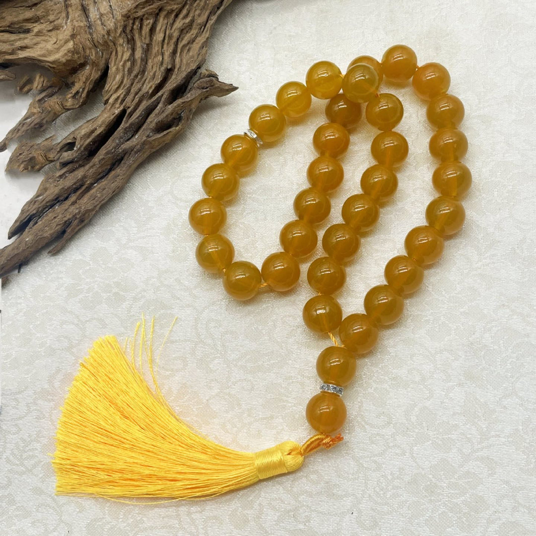 HilalHaven Flowing Cyclic Equilibrium Artisan Gloss Glass Tassel 33 Beads Tasbih - Yellow - image 4