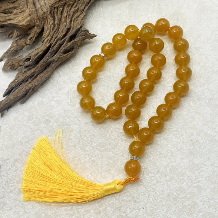 HilalHaven Flowing Cyclic Equilibrium Artisan Gloss Glass Tassel 33 Beads Tasbih - Yellow - image 4