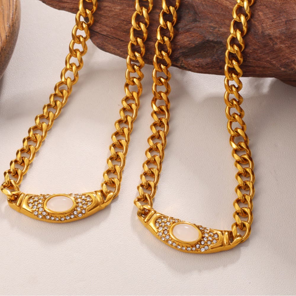 HilalHaven Curved Contour Framed Gem Pavé Setting Curb Chain Necklace - White - image 4