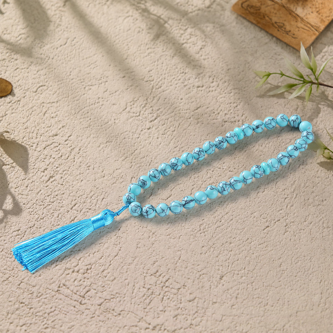 HilalHaven Polished Orbital Serenity Natural Stone Tassel 33 Beads Tasbih - Blue - image 4