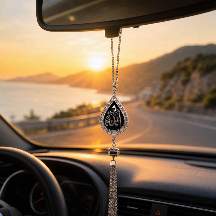 HilalHaven Fluid Script Equilibrium Allah Teardrop Shaped Pavé Trim Car Pendant - Silver - image 5