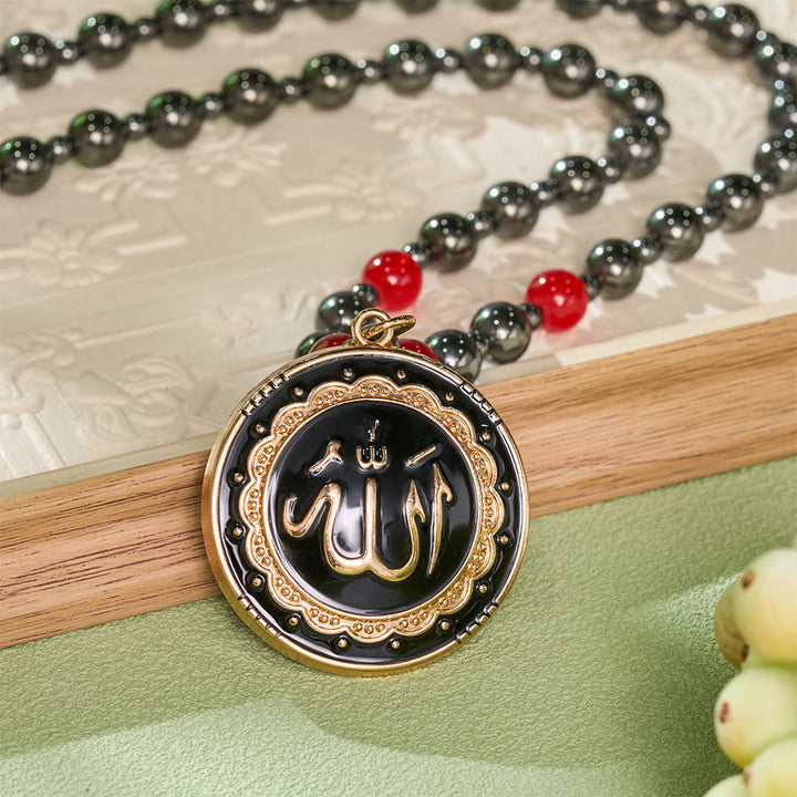 HilalHaven Circled Verse Serenity Allah Ornate Rim Enamel Calligraphy Medallion Beaded Necklace - image 4