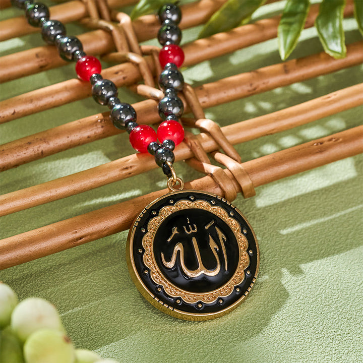 HilalHaven Circled Verse Serenity Allah Ornate Rim Enamel Calligraphy Medallion Beaded Necklace - image 0