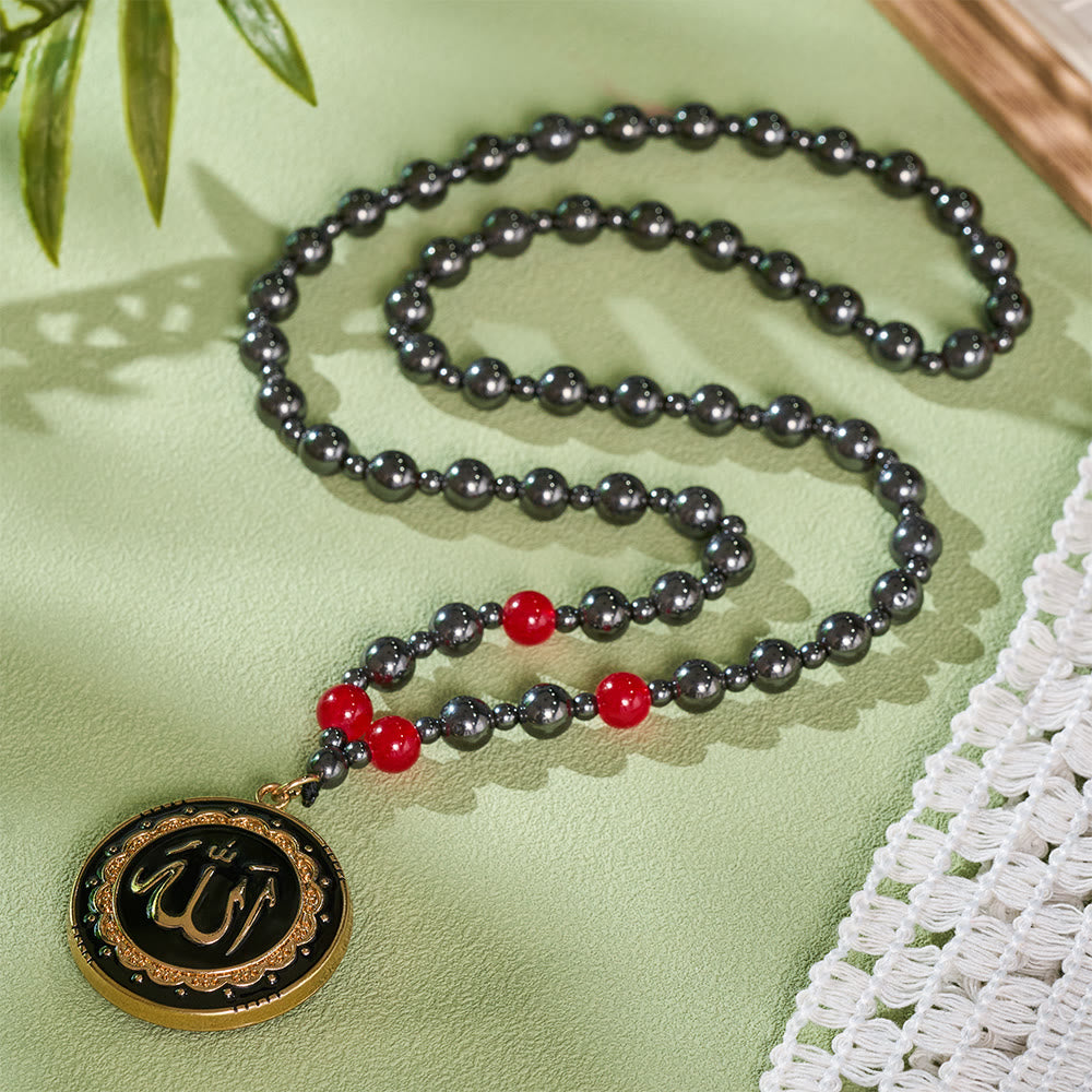 HilalHaven Circled Verse Serenity Allah Ornate Rim Enamel Calligraphy Medallion Beaded Necklace - Black - image 3