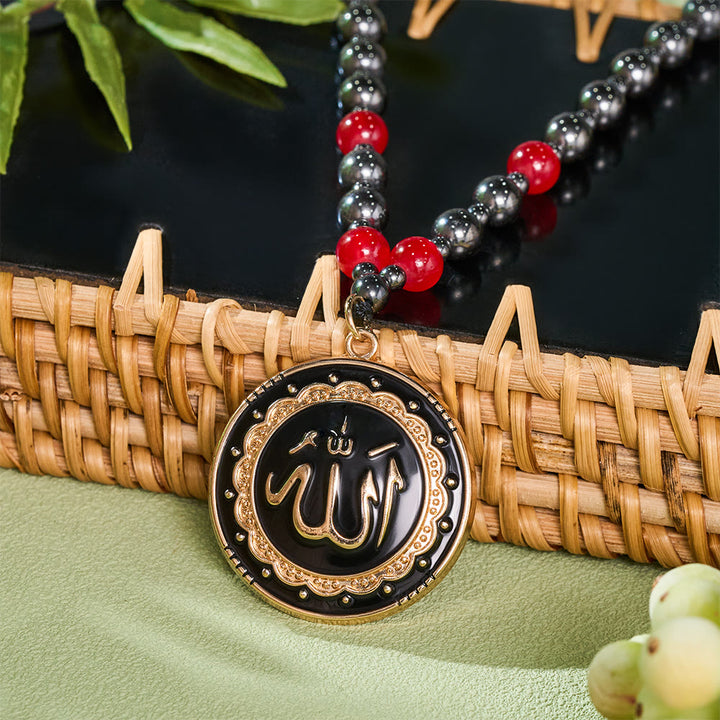 HilalHaven Circled Verse Serenity Allah Ornate Rim Enamel Calligraphy Medallion Beaded Necklace - image 5